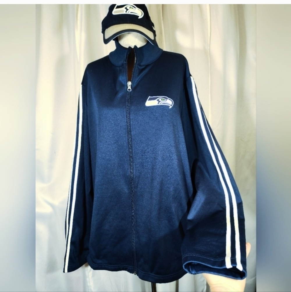 Seahawks Sweatshirt+Cap, With Sticker, Men, ZipUp, Blue +White, Logo, NFL, L